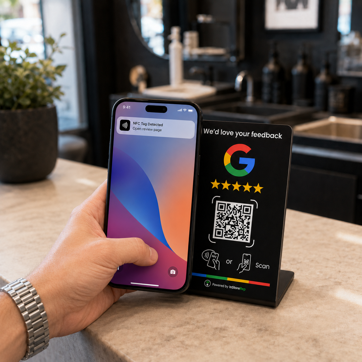 Phone tapping an NFC review product